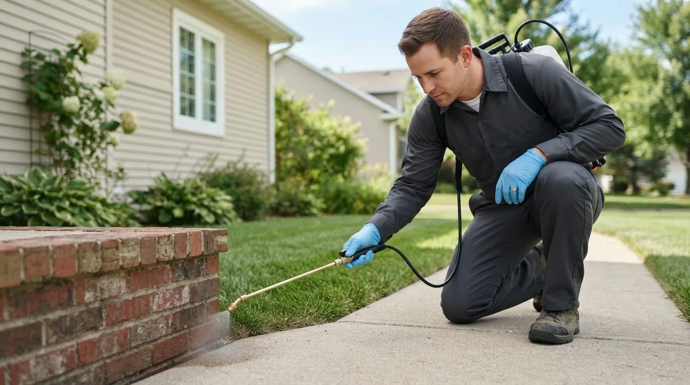 Pest control technician treating a home near Boxford, MA
